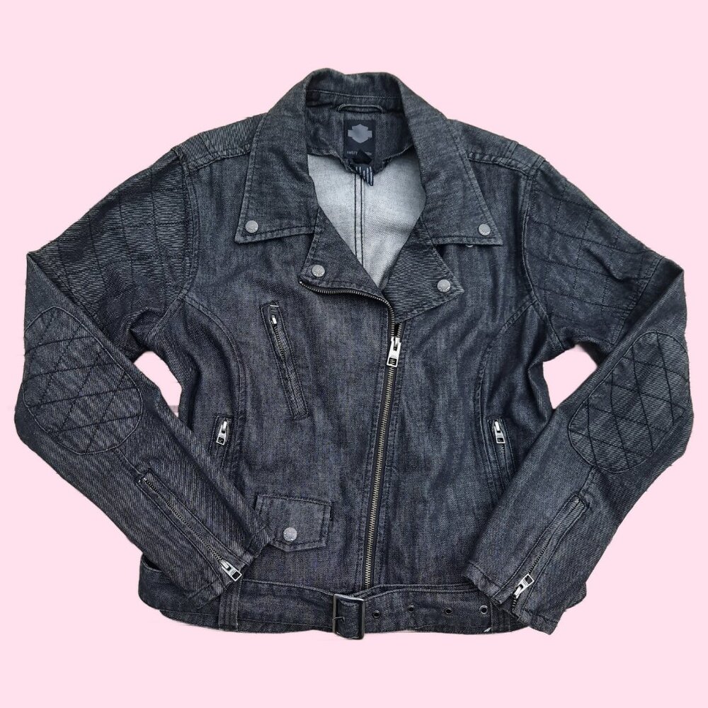 Harley Davidson Denim Moto Jacket Womens XL Dark Gray Slim Fitted Full Zip